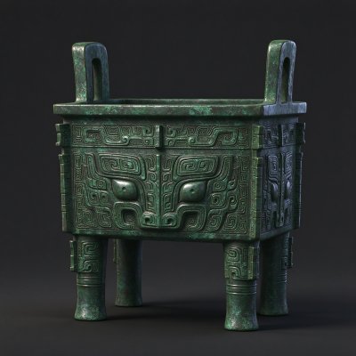 商代饕餮纹青铜方鼎写实展示图 · 商代文物、青铜方鼎、饕餮纹、铜锈、影棚展示