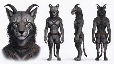 灰毛带角拟人猫科战士角色设定图 · 拟人奇幻生物、猫科兽人、角色三视图、皮革配饰、奇幻战士