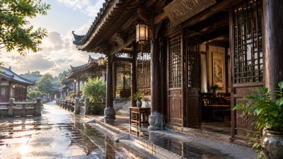 暖光下的中式古街商铺