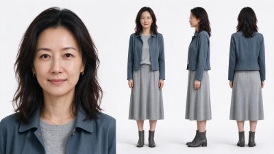中年女性多视角形象展示 · 中年女性、人物三视图、简约穿搭、影棚人像、灰蓝配色