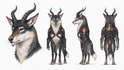 奇幻四足狼形角色设定图 · 奇幻生物、狼形角色、兽人设定、护甲设定、手绘素描