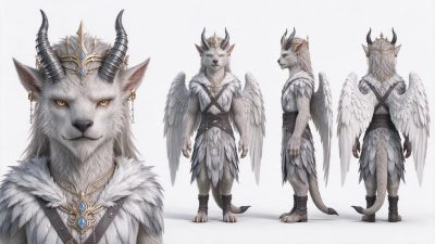 奇幻兽人生物多视图设定 · 奇幻兽人、多视图设定、3D渲染、带翼生物、浅灰毛发