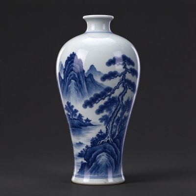 中式青花山水纹梅瓶 · 青花瓷、梅瓶、中式古瓷、山水纹饰、青花纹样
