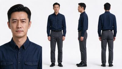 东亚商务男性多视图形象展示 · 男性角色、职业装、多视图设定、商务风、影棚拍摄