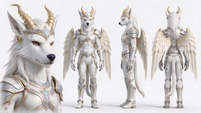 奇幻兽人角色多视图设定图 · 奇幻生物、兽人、设定稿、铠甲、多视图