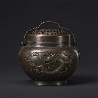 古铜云龙纹提梁暖手炉静物摄影 · 铜手炉、龙纹浮雕、古铜器、静物摄影、中式文物
