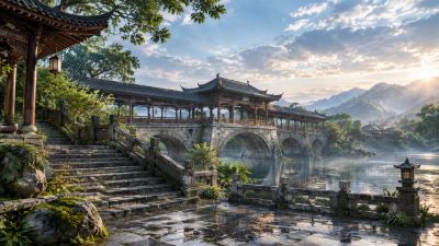 晨雾古廊桥山水景观