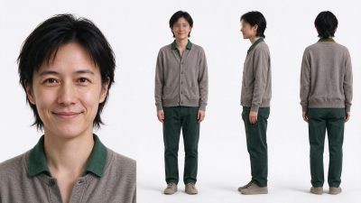 40岁东亚男性四视图素材 · 东亚男性、四视图、影棚拍摄、针织开衫、写实人像