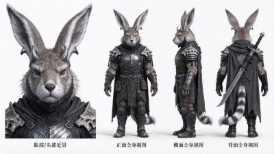 兔人战士多视图角色设定图 · 兔人、奇幻角色、重甲战士、角色设定、3D写实渲染