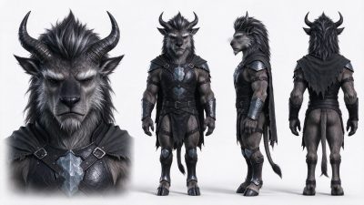 奇幻牛角兽人战士角色三视图与头像设定图 · 奇幻角色、牛头兽人、战士、三视图、3D渲染