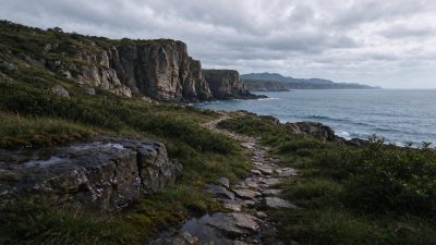 阴云下的滨海岩壁步道景观 · 滨海风光、海蚀崖、阴云天气、石板步道、自然野趣