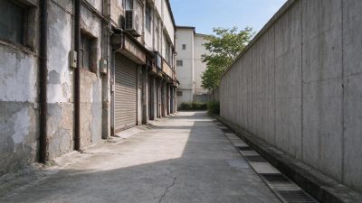 老旧厂区巷道场景图 · 老旧厂区、巷道、水泥围墙、斑驳建筑、晴天自然光