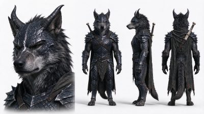 狼人武士角色三视图 · 狼人、奇幻战士、三视图、鳞甲、写实角色