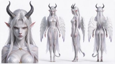 白身黑角天使型奇幻魔族女性角色多视图设定图 · 奇幻女性角色、天使魔族设定、多视图立绘、CG角色建模、银白羽翼