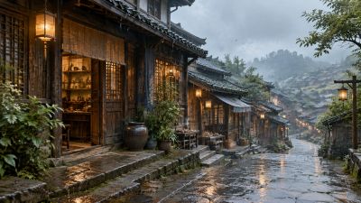 雨雾中的古镇老街