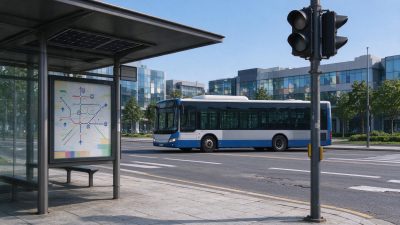 晴日城市公交站街景 · 城市公交站、现代街景、太阳能候车亭、城市公交、玻璃幕墙建筑