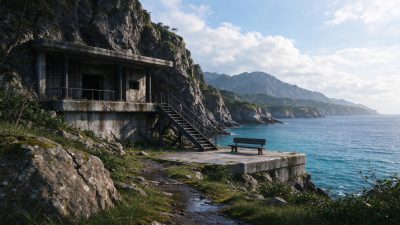 临海山崖废弃混凝土建筑 · 滨海、废弃建筑、混凝土小屋、写实风光、自然海岸