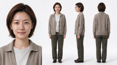 东亚短发女性写实全身三视图 · 三视图、东亚女性、短发、休闲穿搭、影棚人像