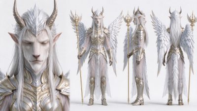 奇幻类人羊天使男性角色三视图 · 奇幻角色、类人羊、天使翅膀、金属铠甲、三视图设定