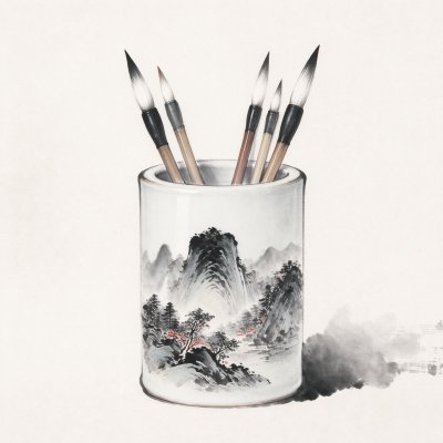 中式水墨陶瓷笔筒与毛笔静物画 · 中式文房器物、瓷制笔筒、传统毛笔、水墨山水图案、宣纸质感