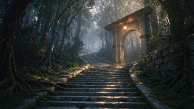 晨雾笼罩的林间石拱古径 · 森林小径、石拱门、晨雾、古石阶、奇幻场景