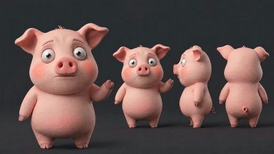 3D卡通小猪角色多角度展示图 · 3D卡通角色、小猪、多角度设定图、软萌画风、哑光质感