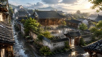 晨光中的中式古建庭院