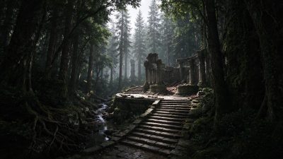 雾霭林间的古典石质遗迹 · 森林遗迹、雾中森林、古典石建筑、林间溪流、写实风景