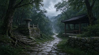 雨雾深山古亭与石径 · 深山、雨雾、古亭、石板古道、中式建筑