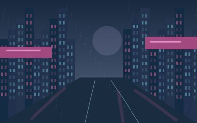 扁平矢量雨夜城市道路 · rainy night、city road、high-rise buildings、full moon、flat illustration